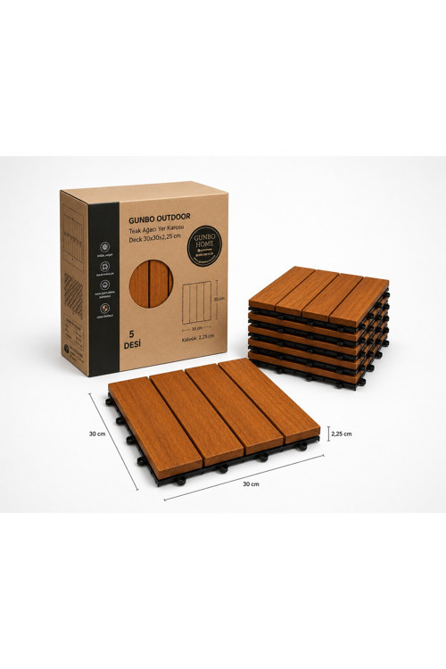 Solen Akasya Ahşap Yer Karosu 30x30x2,25 cm – 4 Dilimli Geçmeli Deck Karo | Balkon, Teras, Bahçe ve Duş Zemini | 9 Adet (0,81 m²)