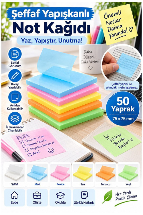 Yapışkanlı Şeffaf Not Kağıdı 250 Yaprak 5 Renk Kare Transparan Postit 75x75 mm Yarı Saydam İşaretleyici Aydınger