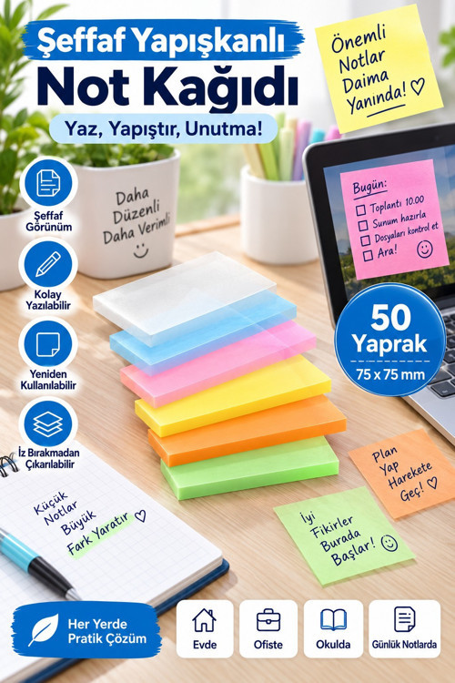 Yapışkanlı Şeffaf Not Kağıdı 300 Yaprak 6 Renk Kare Transparan Postit 75x75 mm Yarı Saydam İşaretleyici Aydınger