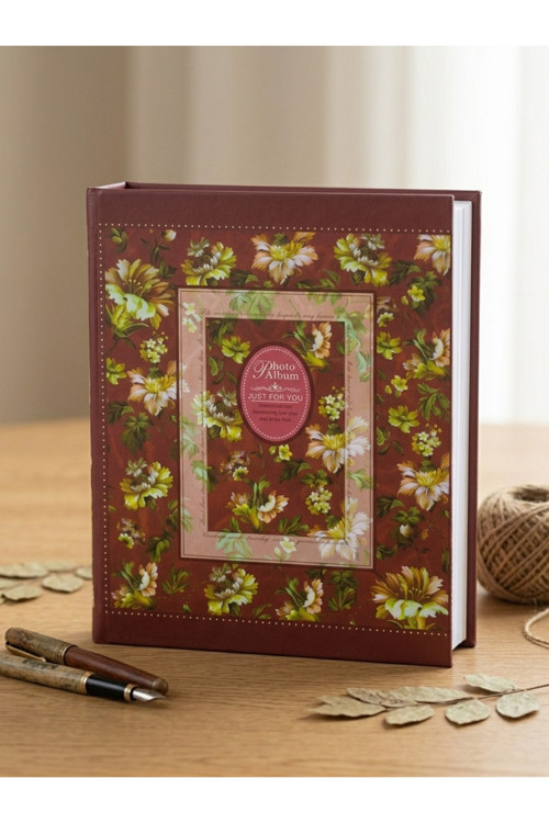 RS4 Fotoğraf Albümü 10x15cm 200 Fotoğraf Kapasiteli Bordo Renkli Çiçek Desenli Anı Albümü
