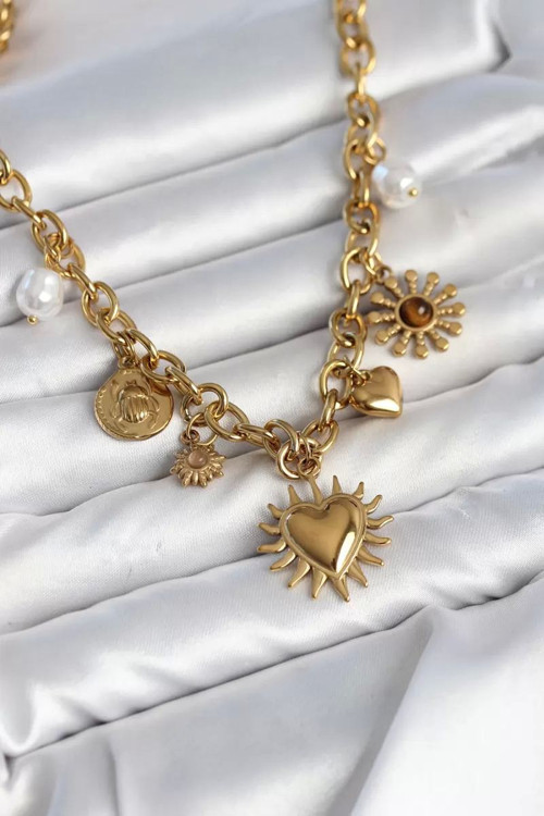 316L Çelik Gold Renk Charmlı Model Kadın Kolye TJ-BKO11135