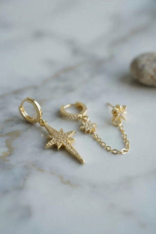3 lü Set Küpe Gold Renk Zincir Detaylı TJ-BKP11954