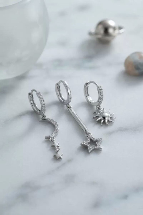 3 lü Set Ay Yıldız ve Güneş Model Gümüş Renk Kadın Küpe TJ-BKP11957