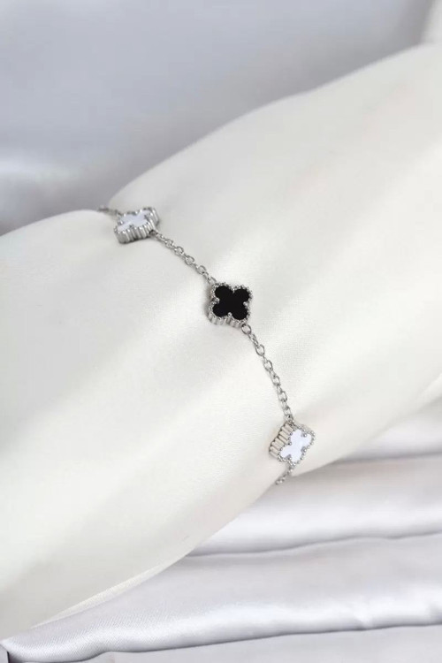 316L Çelik Gümüş Renk Siyah Beyaz Baby Yonca Model Kadın Bileklik TJ-BB8556