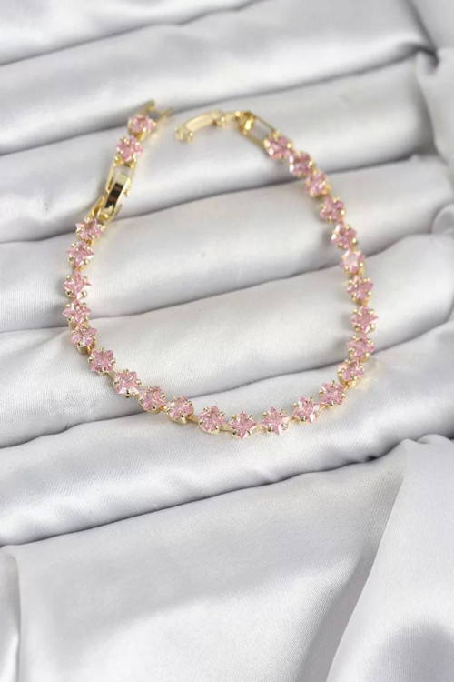 Pembe Kare Zirkon Taşlı Gold Renk Pirinç Su Yolu Kadın Bileklik - TJ-BB8324