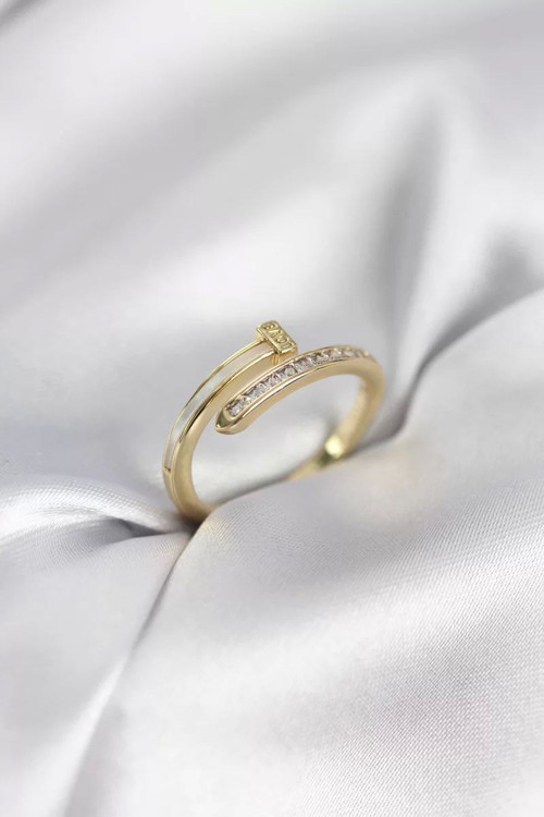 Zirkon Taşlı Gold Renk Yassı Çivi Model Kadın Yüzük - TJ-BYK3961