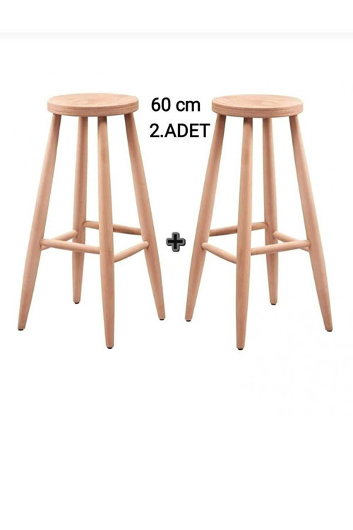 Ahşap 60 Cm Yuvarlak Bar Tabure Sandalye 2 Adet