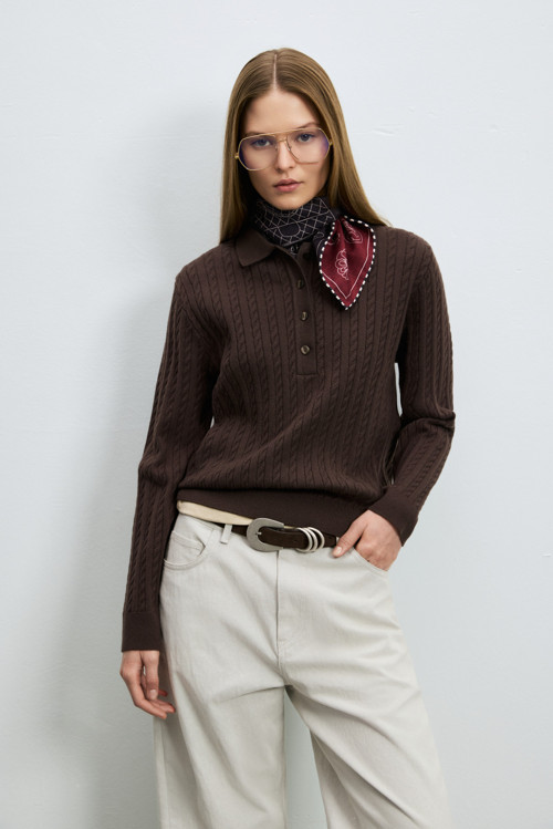 Darla Yün Karışımlı Polo Yaka Triko Kazak Kahverengi