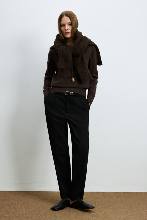Laura Yün Karışımlı Polo Yaka Triko Kazak Kahverengi