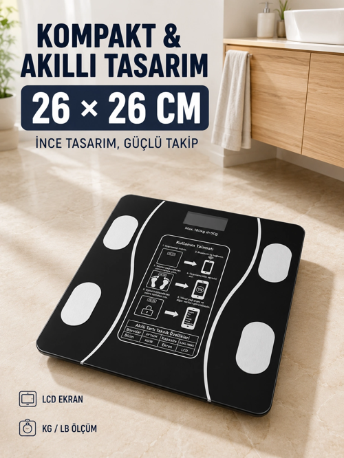 180 Kg Akıllı Cam Tartı Bluetooth Vücut Yağ Kas Su Ve Bmı Ölçüm Destekli Baskül