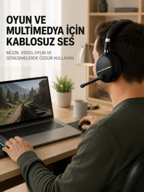 Bluetooth 5.0 Rgb Işıklı Mikrofonlu Kablosuz Kulak Üstü Kulaklık