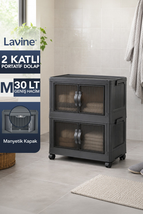 ”Medıum” 2 Katlı Portatif Tekerlekli Organizer Dolap Beyaz 30 Lt Mıknatıslı Kapaklı Katlanır Çok Amaçlı