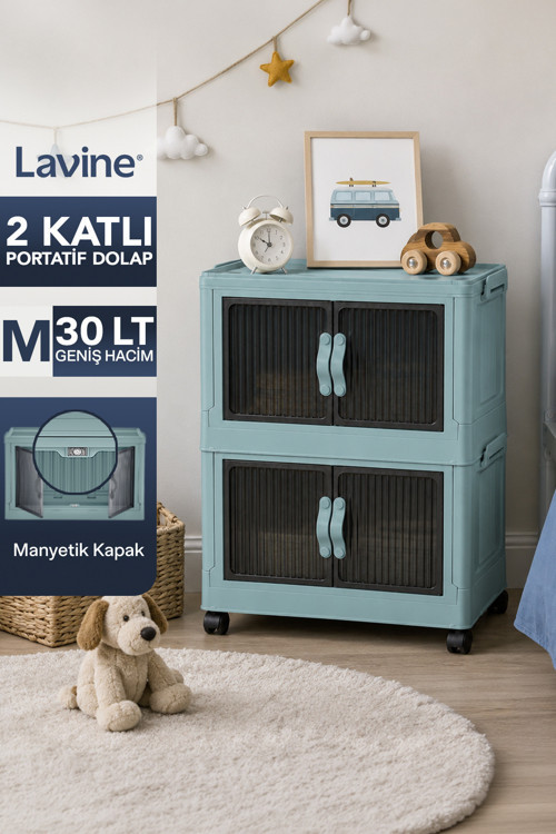 ”Medıum” 2 Katlı Portatif Tekerlekli Organizer Dolap Beyaz 30 Lt Mıknatıslı Kapaklı Katlanır Çok Amaçlı