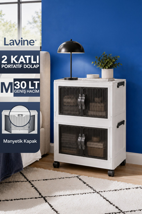 ”Medıum” 2 Katlı Portatif Tekerlekli Organizer Dolap Beyaz 30 Lt Mıknatıslı Kapaklı Katlanır Çok Amaçlı