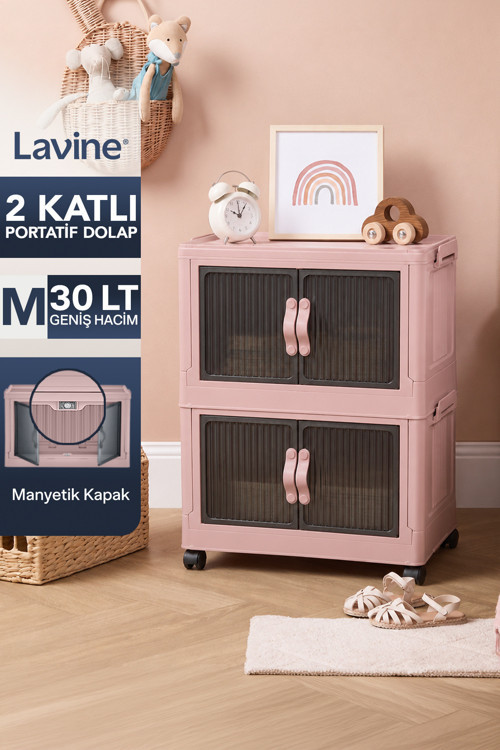 ”Medıum” 2 Katlı Portatif Tekerlekli Organizer Dolap Beyaz 30 Lt Mıknatıslı Kapaklı Katlanır Çok Amaçlı