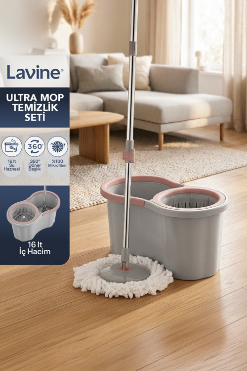 Ultra Mop Otomatik Temizlik Seti 16Lt Döner Başlıklı Paslanmaz Çelik Saplı Mikrofiber Püskül