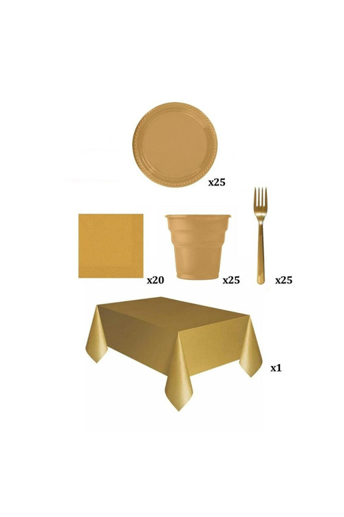 Gold Renk Plastik Tabak, Bardak, Çatal, Peçete Ve Tek Kullanımlık Masa Örtüsü Seti