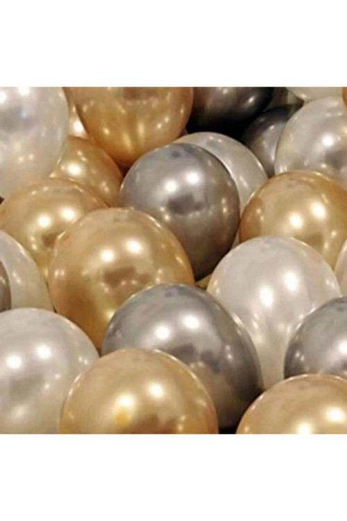 40 Adet Parlak Metalik Parlayan Altın Gold - Silver Gümüş Gri - Beyaz Balon