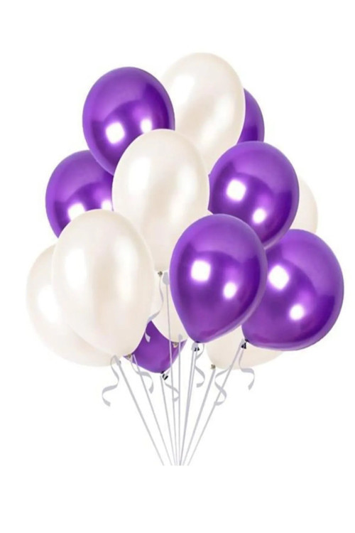 10 Adet Metalik Sedefli Parlak Mor Ve Beyaz Balon