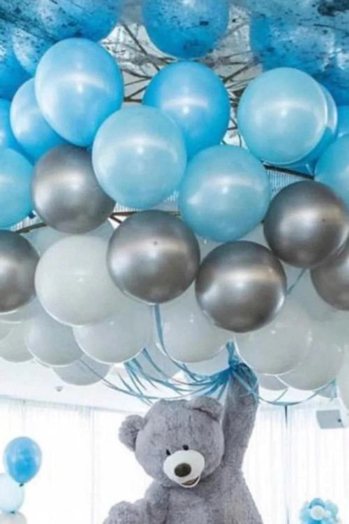 20 Adet Parlak Metalik Açık Mavi - Beyaz - Silver Gümüş Gri Uçabilen Balon Parlak Parlayan