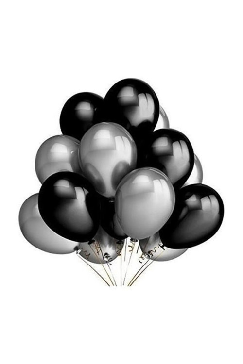 10 Adet Parlak Metalik Parlayan Siyah - Silver Gümüş Gri Uçabilen Karışık Balon