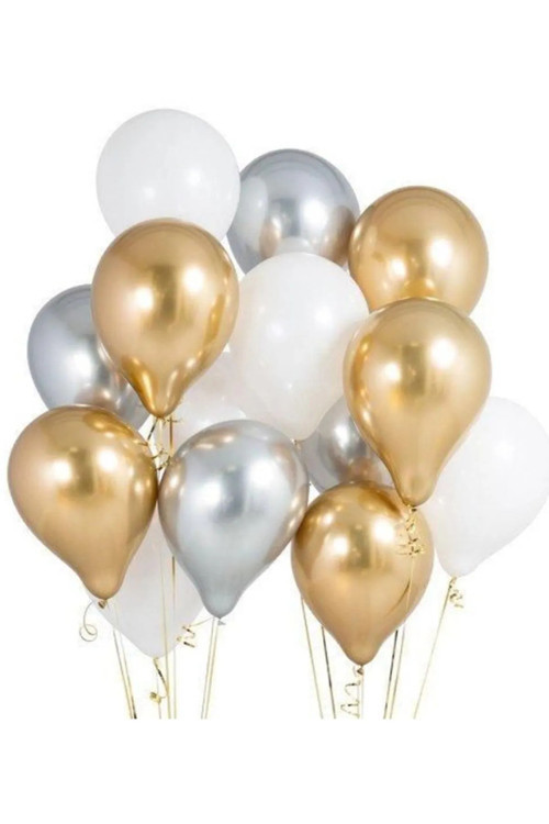 70 Adet Metalik Sedefli Gold-Gümüş Gri-Beyaz Helyumla Uçabilen Parlak Balon