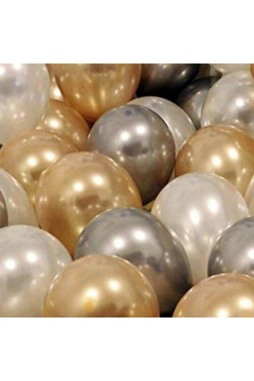 50 Adet Metalik Sedefli Gold Gümüş Gri Beyaz Balon