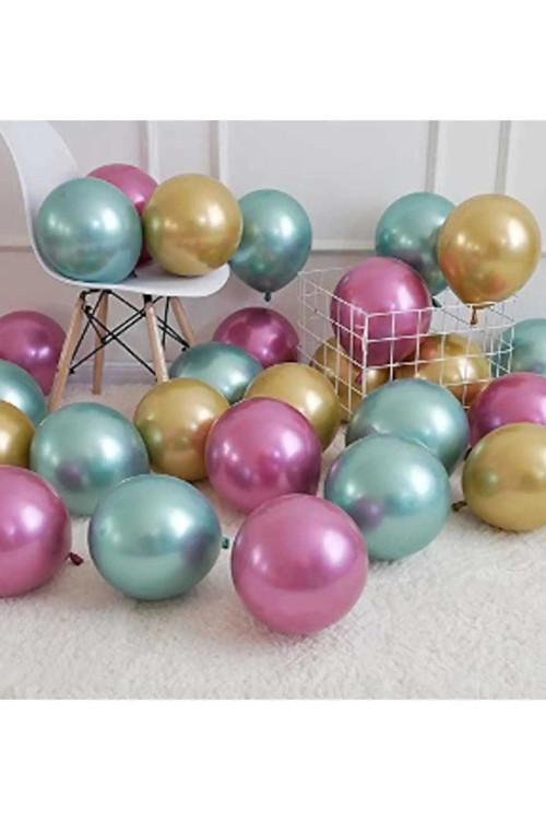 30 Adet Krom Parlak Metalik Yeşil-Pembe-Gold Renk Balon