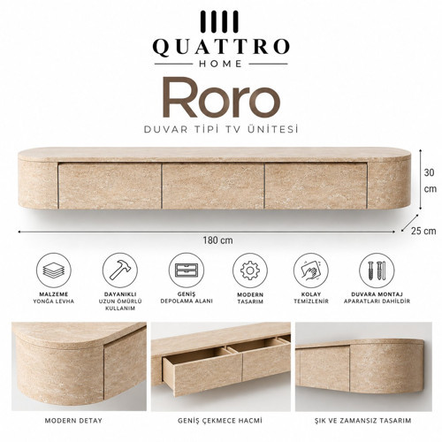 Roro Duvara Monte TV Ünitesi 180 cm Geniş Çekmeceli Modern Traverten Desenli TV Sehpası