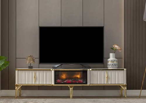 Lucente Elektrikli Şömineli TV Ünitesi Krem Gold Modern Tasarım 160 cm