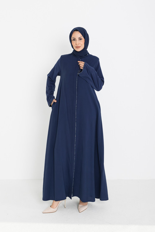 Defne Cupra Kumaş Taşlı Abaya Lacivert -9086