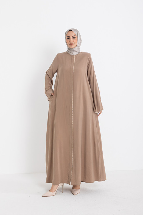 Defne Cupra Kumaş Taşlı Abaya Bej -9086