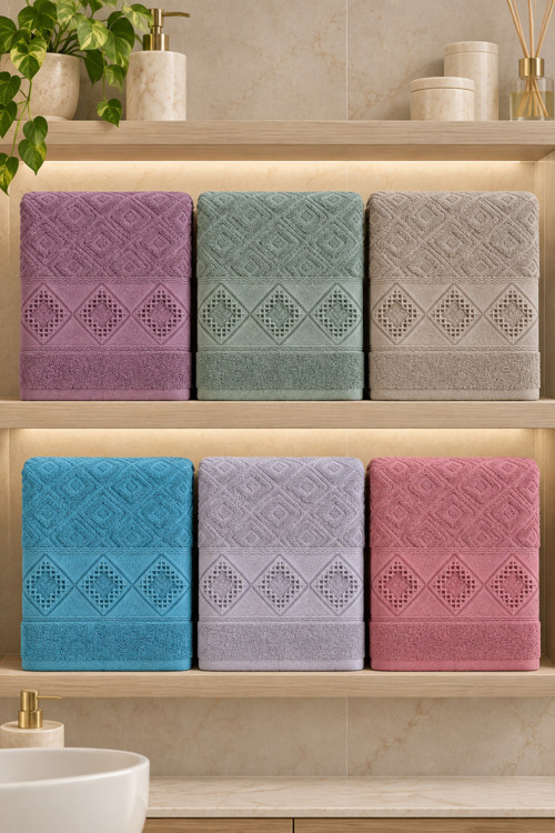 Elmas Motifli Renkli El Yüz Havlusu 50X90 Cm 6’Lı Set %100 Pamuk