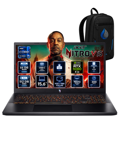 Nitro V 15 i9-13900H 64 GB DDR4 512 GB SSD RTX 5060 8 GB 15.6'' FHD 165Hz Windows 11 Pro Gaming Laptop NH.QZAEY.003