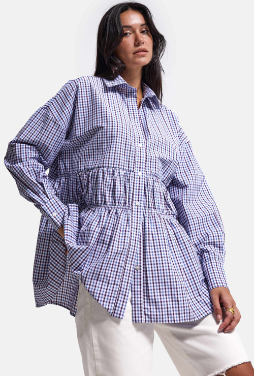 Kadın w6-111 Oversize Bordo Laci Ekose Tasarım Gömlek