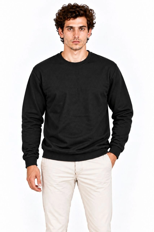 Erkek Bisiklet Yaka İçi Şardonlu 2 İplik Düz Uzun Kollu Regular Fit Sweatshirt - Siyah