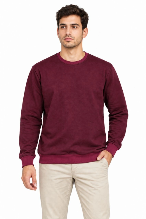 Erkek Bisiklet Yaka İçi Şardonlu 2 İplik Düz Uzun Kollu Regular Fit Sweatshirt -Bordo