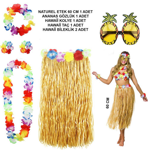 Hawaii Parti Kostüm Seti - 60 cm Hasır Etek, Çiçekli Aksesuarlar ve Ananas Gözlük (4604)
