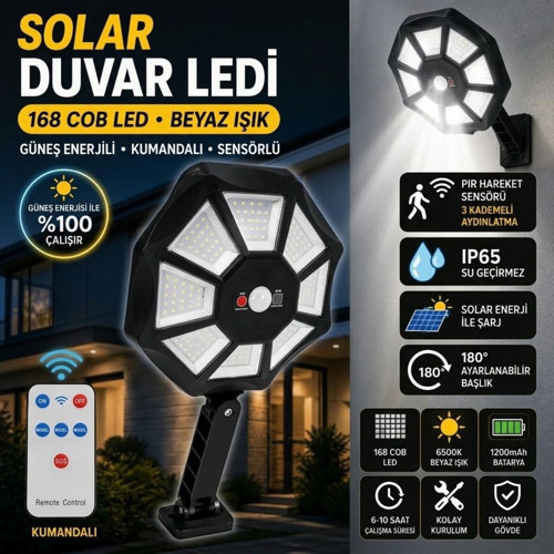 168B Solar LED Büyük Dış Mekân Lambası, Hareket Sensörlü, Kumandalı, 3 Modlu Ultra Parlak COB Işık, Su Geçirmez Kablosuz Duvar Apliği (4604)