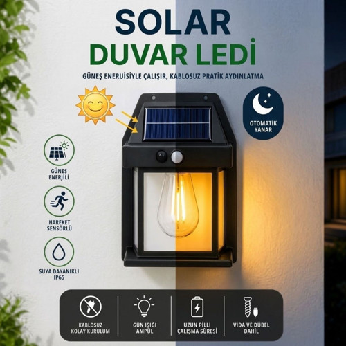 Ampul Model 3 Modlu Solar LED Duvar Lambası, Güneş Enerjili, Şarjlı Kablosuz Dış Mekân Apliği, Bahçe ve Kapı Lambası (4604)