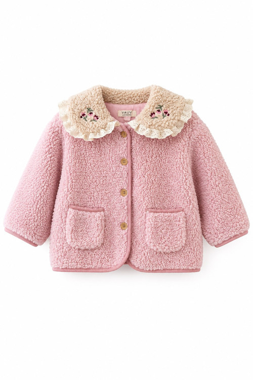 Kız Bebek Yaka Detaylı Peluş Mont Pembe