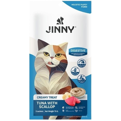 Jinny Creamy Digestive Hasas Sindirim için Ton Balıklı ve Deniz Taraklı Kedi Ödül Maması 5x15 gr