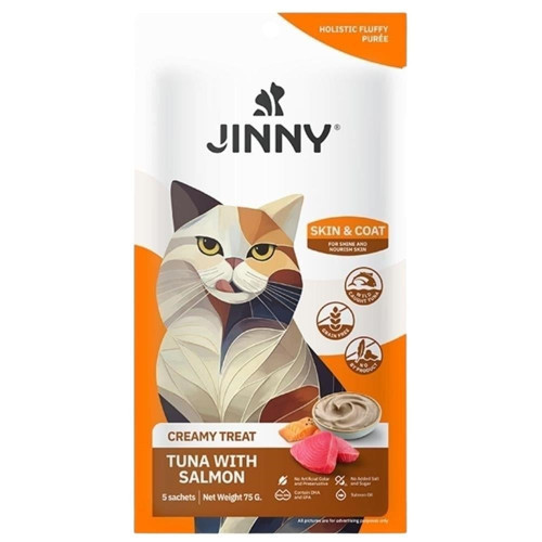 Jinny Creamy Skin Coat Ton Balıklı ve Somonlu Kedi Sıvı Ödül Maması 5x15 gr