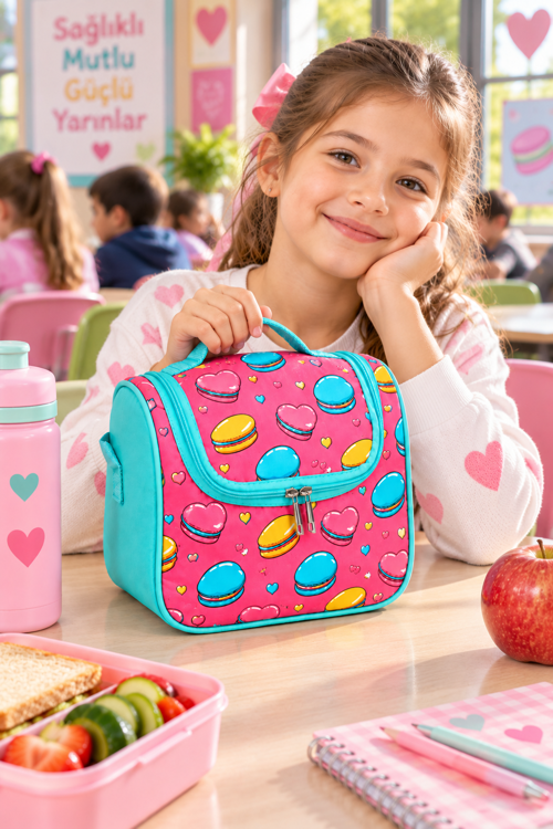 Makaron Kalp Temalı Termal Isı Yalıtımlı Beslenme Çantası Çocuklar İçin Yeşil Pembe 24x22x14 cm