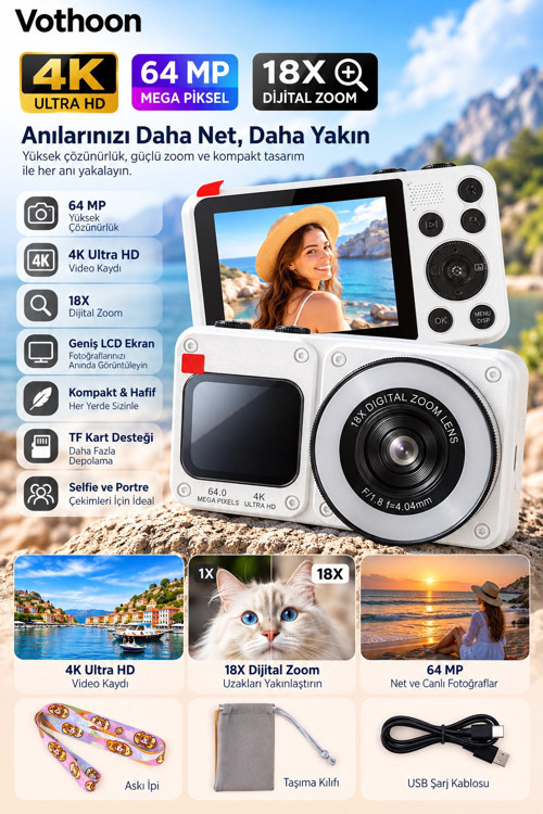4K Dijital Fotoğraf Makinesi 18X Dijital Zoom 64 MP Ön ve Arka Ekranlı Kompakt Kamera