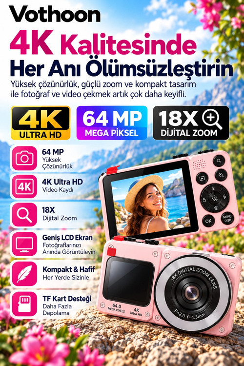 4K Dijital Fotoğraf Makinesi 18X Dijital Zoom 64 MP Ön ve Arka Ekranlı Kompakt Kamera