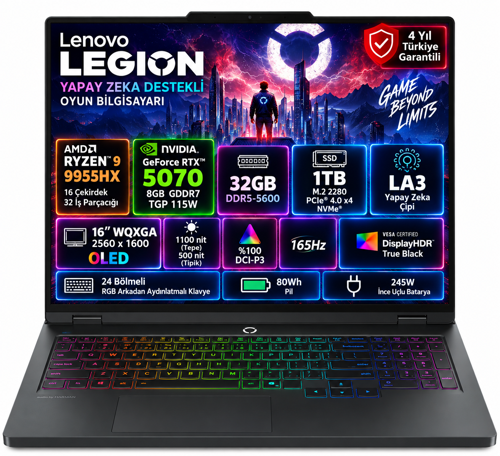 Legion Pro 5 16AFR10 Amd Ryzen 9 9955HX 32GB 1TB SSD RTX 5070 8GB (115W) 16" WQXGA (2560X1600) OLED 165Hz Freedos Taşınabilir Bilgisayar 83F2001XTR