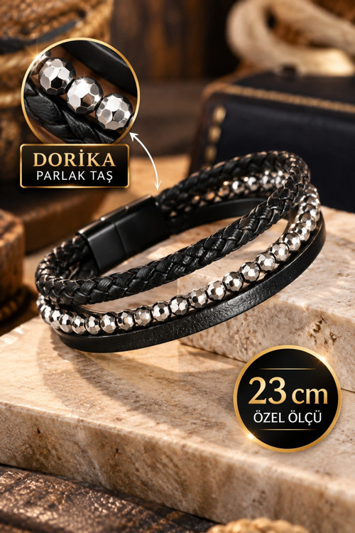 %100 Deri&Dorika Taşlı Kalın Bilekli Erkeklere Özel Üretimimiz NET 23cm (Siyah - Gümüş)