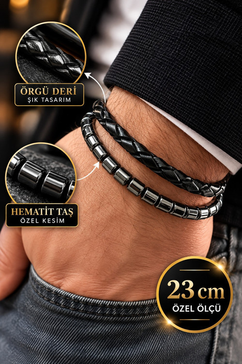 %100 Deri&Hematit Kombin Erkek Bileklik NET 23 cm (Türk El Üretimi)
