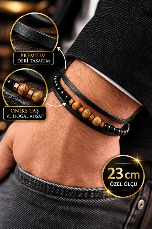 %100 Deri ve Doğal Taş Kombinli Erkek Bileklik Özel Boyut NET 23cm (Türk El Üretimi)
